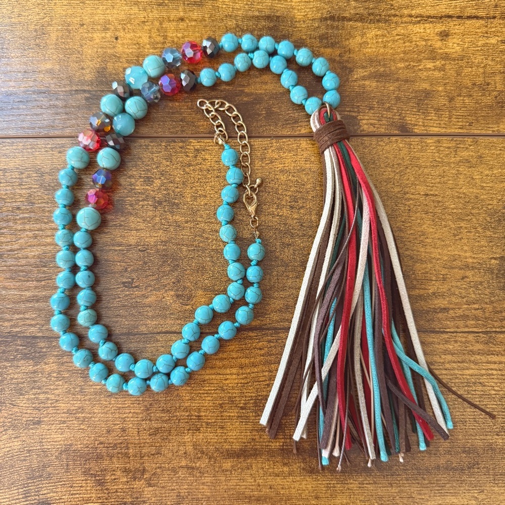 Boho Turquoise Glass Bead Beaded Necklace Leather Tassel Red Accent 34”‎ Western